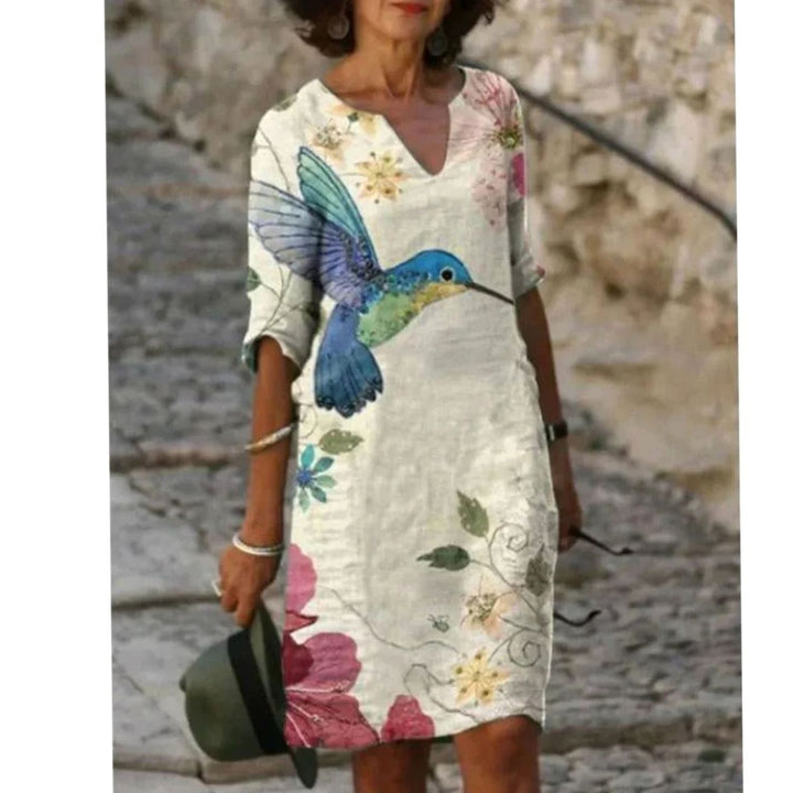 Damen Langarm Blumenmuster Shift Kleid V-Ausschnitt - Modell 13
