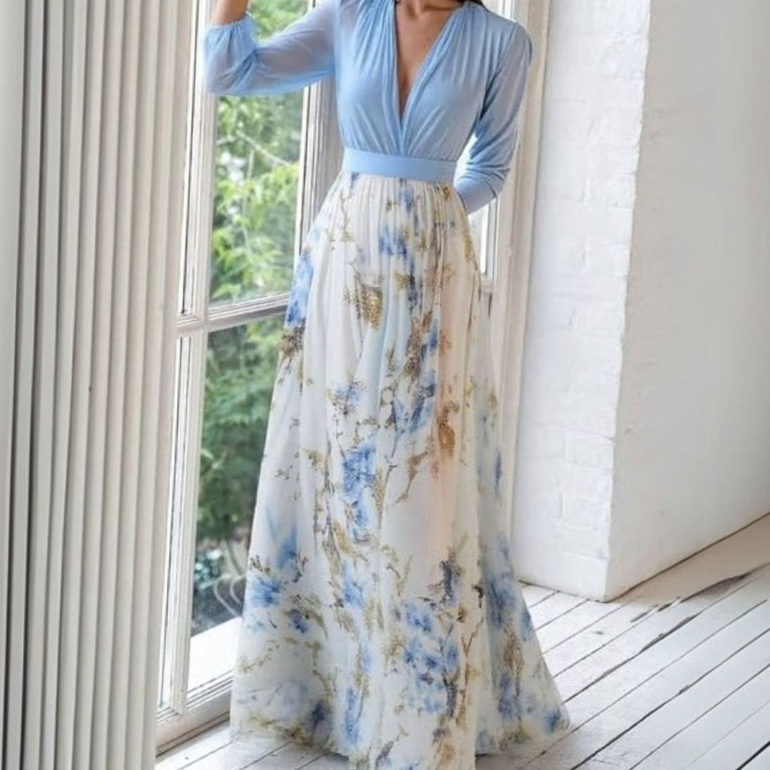 Damen Langarm Blumenmuster V-Ausschnitt Chiffon Maxi Kleid