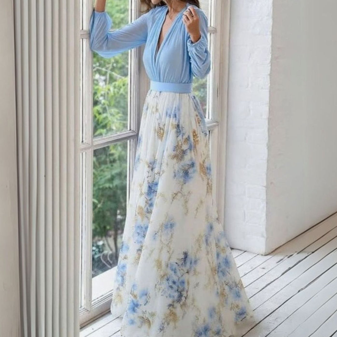 Damen Langarm Blumenmuster V-Ausschnitt Chiffon Maxi Kleid