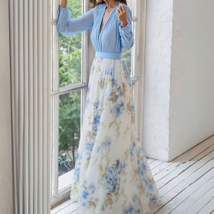Damen Langarm Blumenmuster V-Ausschnitt Chiffon Maxi Kleid