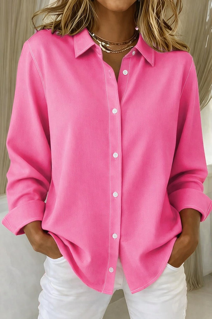 Damen Langarm-Bluse eleganter Knopfleisten-Hemdkragen lockere Passform - Fuchsia