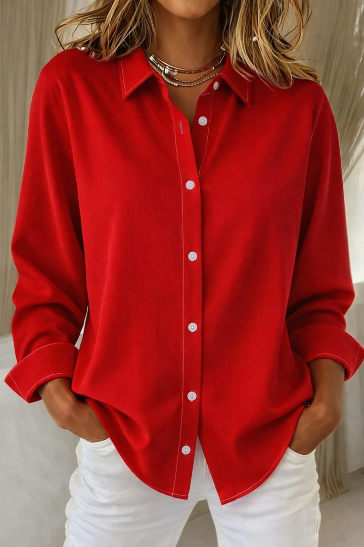 Damen Langarm-Bluse eleganter Knopfleisten-Hemdkragen lockere Passform - Red