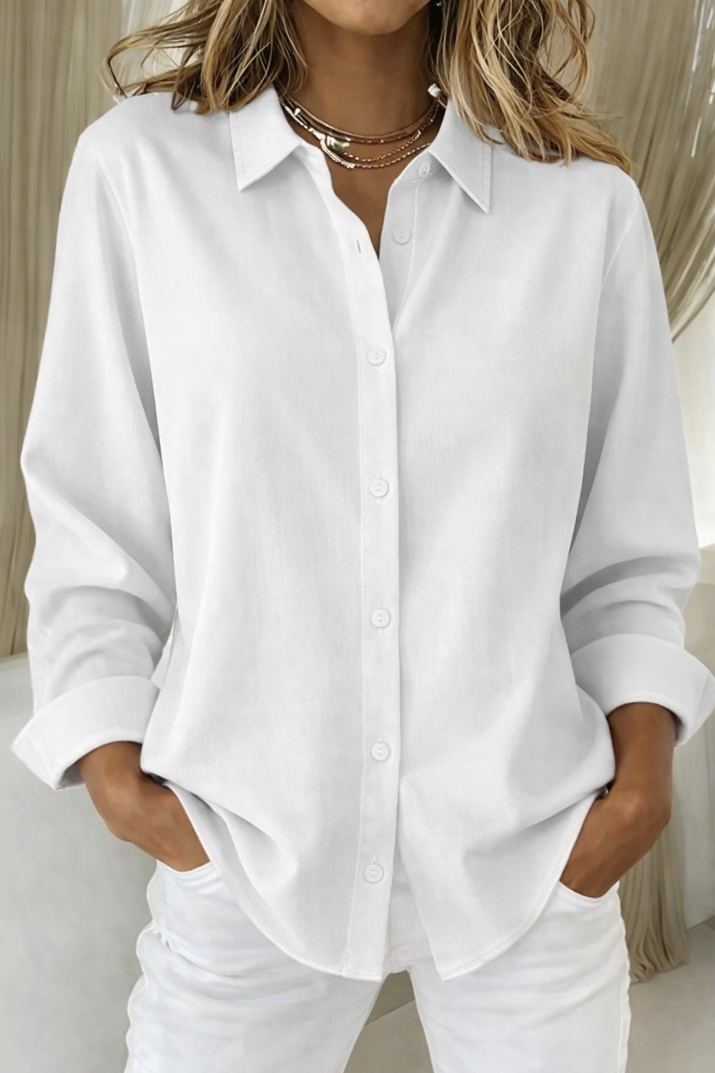 Damen Langarm-Bluse eleganter Knopfleisten-Hemdkragen lockere Passform - White