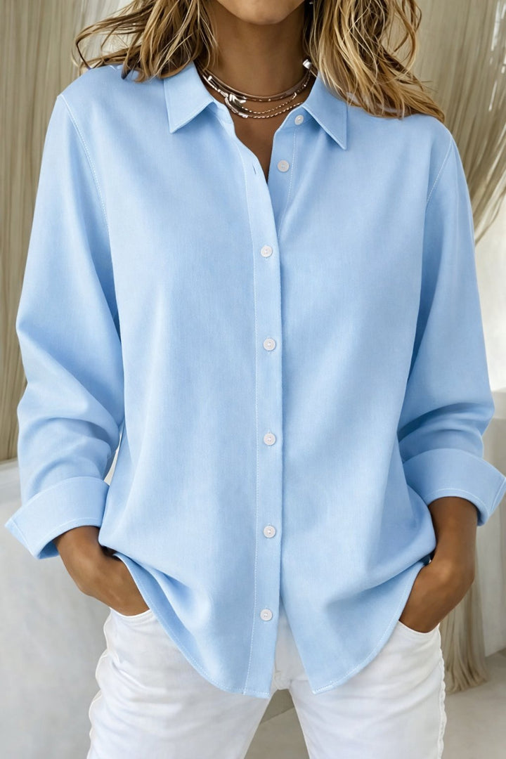 Damen Langarm-Bluse eleganter Knopfleisten-Hemdkragen lockere Passform - Blue
