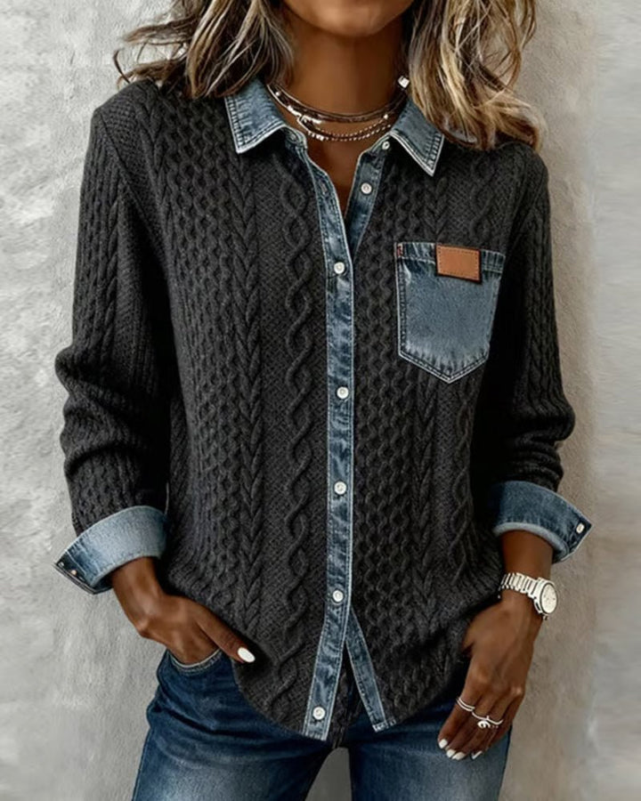 Damen Langarm-Bluse mit Denim-Patchwork und Zopfmuster - Dark Gray