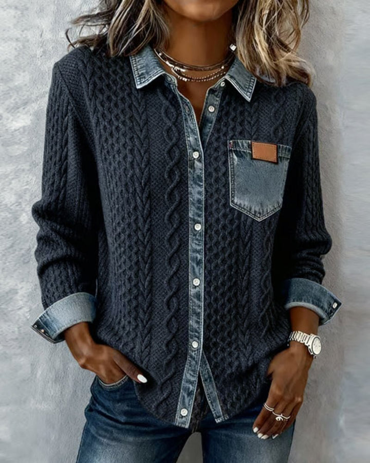 Damen Langarm-Bluse mit Denim-Patchwork und Zopfmuster - Dark Blue