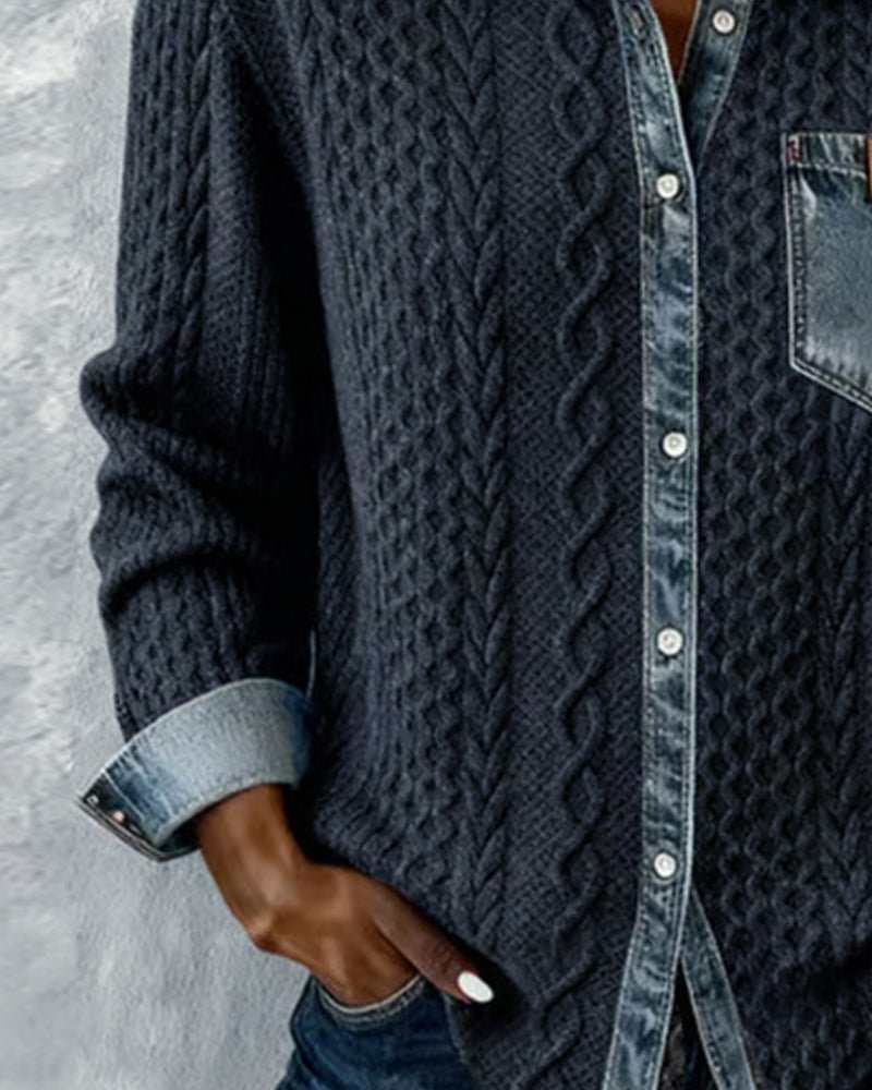 Damen Langarm-Bluse mit Denim-Patchwork und Zopfmuster