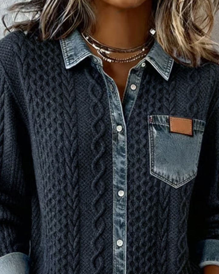 Damen Langarm-Bluse mit Denim-Patchwork und Zopfmuster