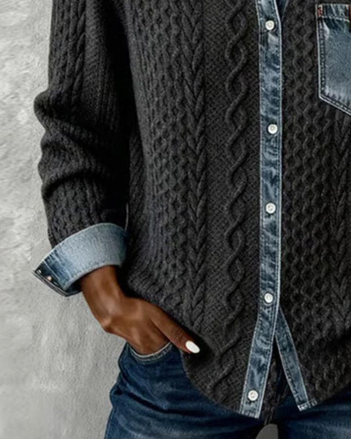Damen Langarm-Bluse mit Denim-Patchwork und Zopfmuster