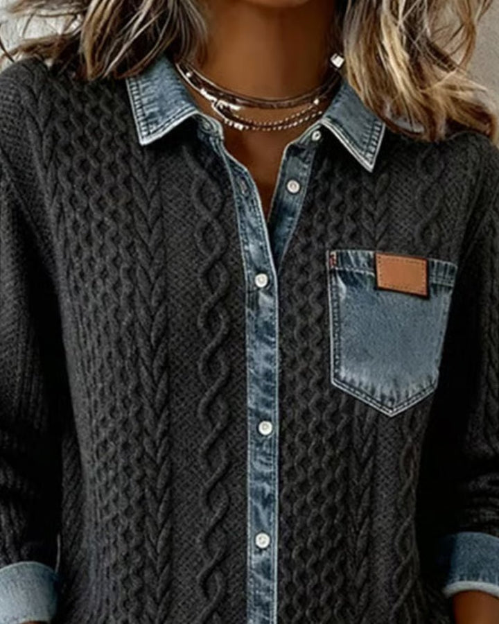 Damen Langarm-Bluse mit Denim-Patchwork und Zopfmuster
