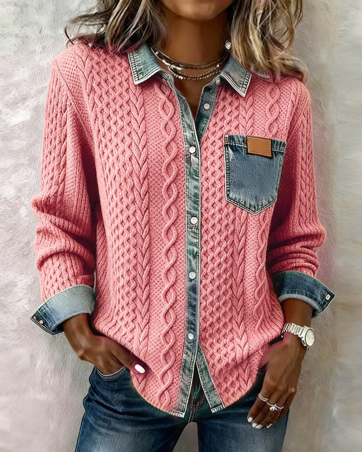 Damen Langarm-Bluse mit Denim-Patchwork und Zopfmuster - Pink