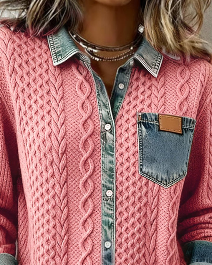 Damen Langarm-Bluse mit Denim-Patchwork und Zopfmuster