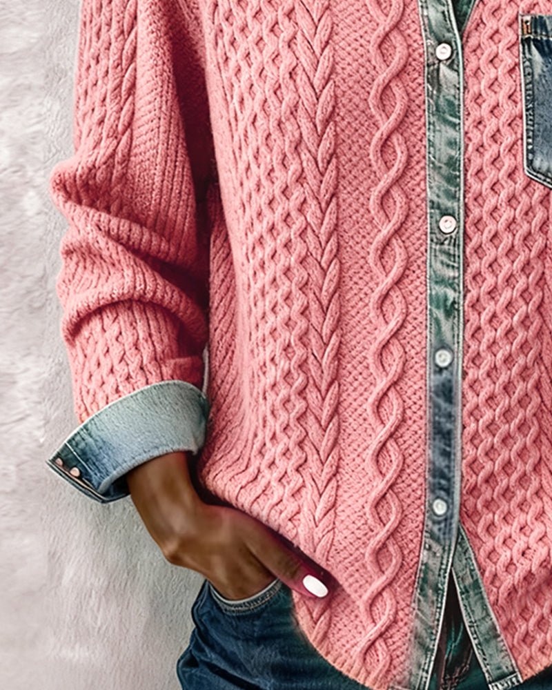Damen Langarm-Bluse mit Denim-Patchwork und Zopfmuster