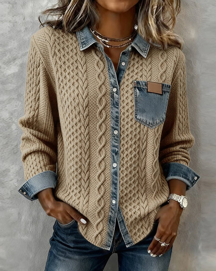 Damen Langarm-Bluse mit Denim-Patchwork und Zopfmuster - Khaki