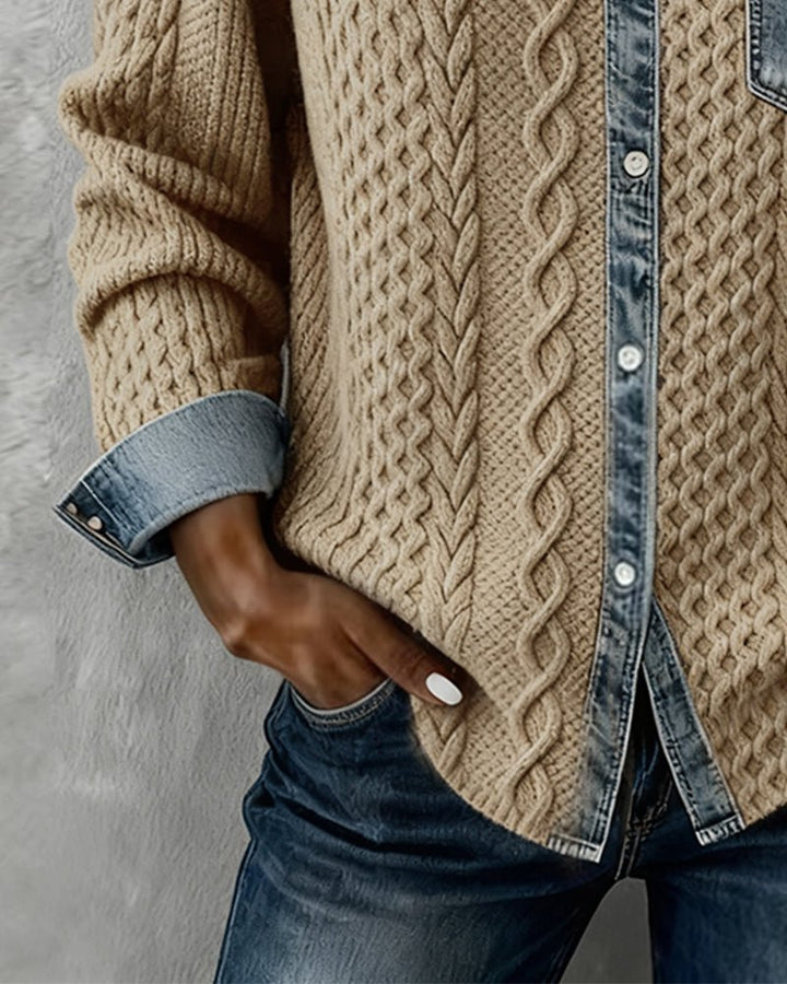 Damen Langarm-Bluse mit Denim-Patchwork und Zopfmuster