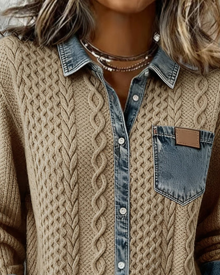 Damen Langarm-Bluse mit Denim-Patchwork und Zopfmuster