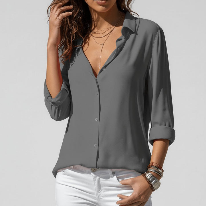 Damen Langarm-Bluse mit Hemdkragen und Knopfleiste in Relaxed Fit - Classic Grey