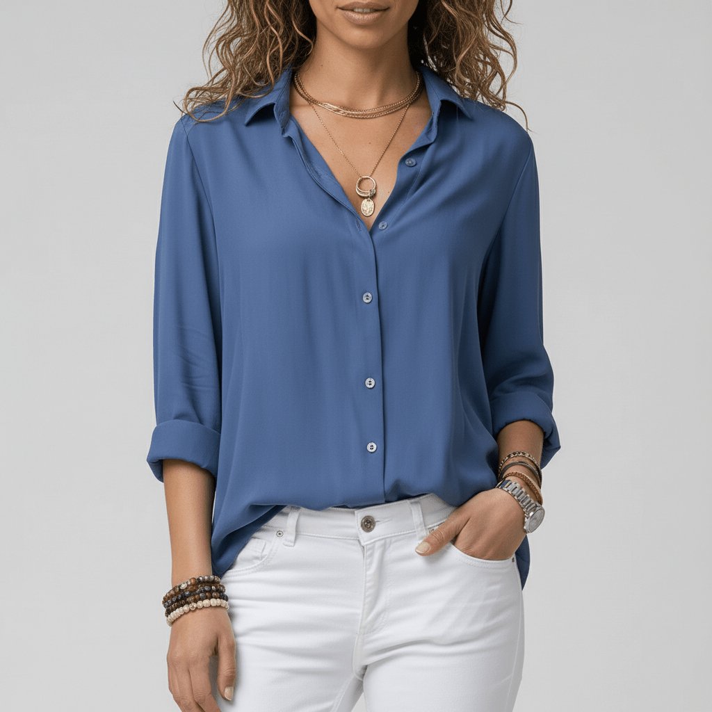 Damen Langarm-Bluse mit Hemdkragen und Knopfleiste in Relaxed Fit - Ocean Blue