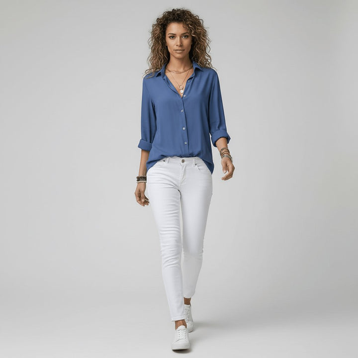 Damen Langarm-Bluse mit Hemdkragen und Knopfleiste in Relaxed Fit