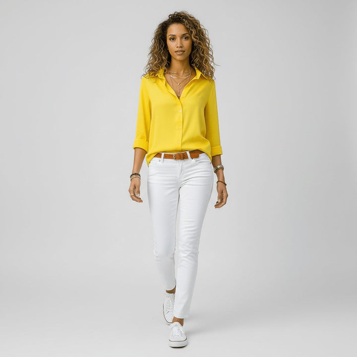 Damen Langarm-Bluse mit Hemdkragen und Knopfleiste in Relaxed Fit