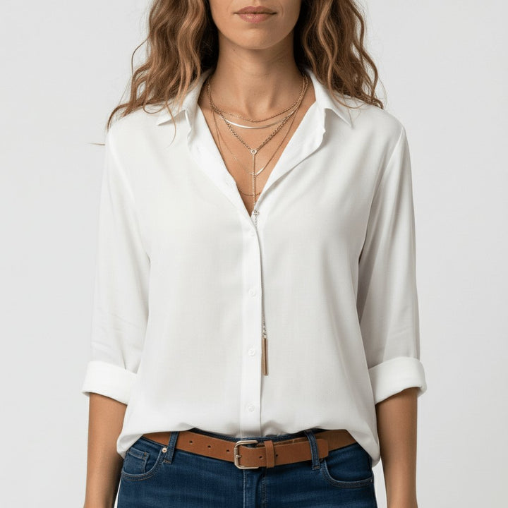 Damen Langarm-Bluse mit Hemdkragen und Knopfleiste in Relaxed Fit - Pure White