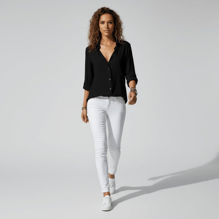 Damen Langarm-Bluse mit Hemdkragen und Knopfleiste in Relaxed Fit