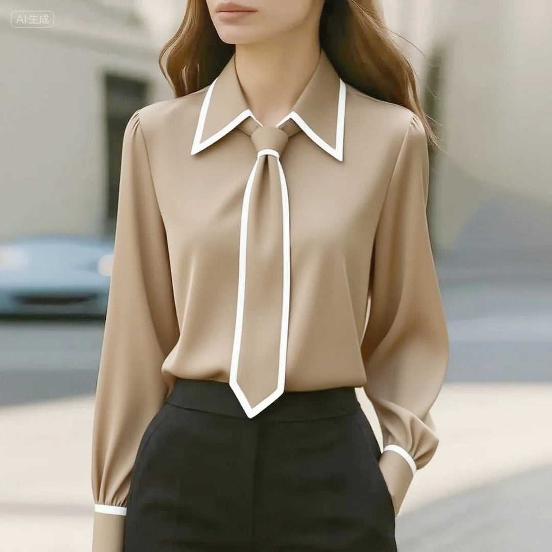 Damen Langarm-Bluse mit Kontrastpaspel abnehmbarer Krawatte Knopfleiste - Beige