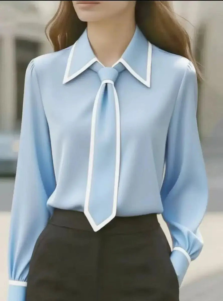 Damen Langarm-Bluse mit Kontrastpaspel abnehmbarer Krawatte Knopfleiste - Himmelblau