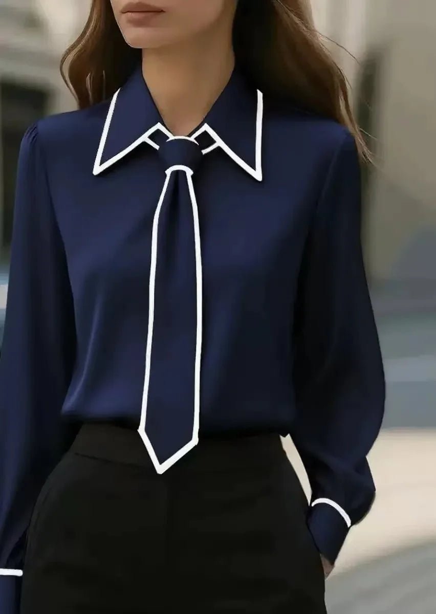 Damen Langarm-Bluse mit Kontrastpaspel abnehmbarer Krawatte Knopfleiste - Marineblau