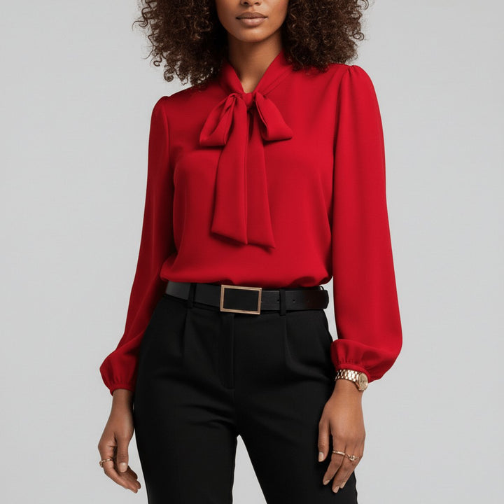Damen Langarm-Bluse mit Schleifenkragen und weitem Schnitt - Scharlachrot