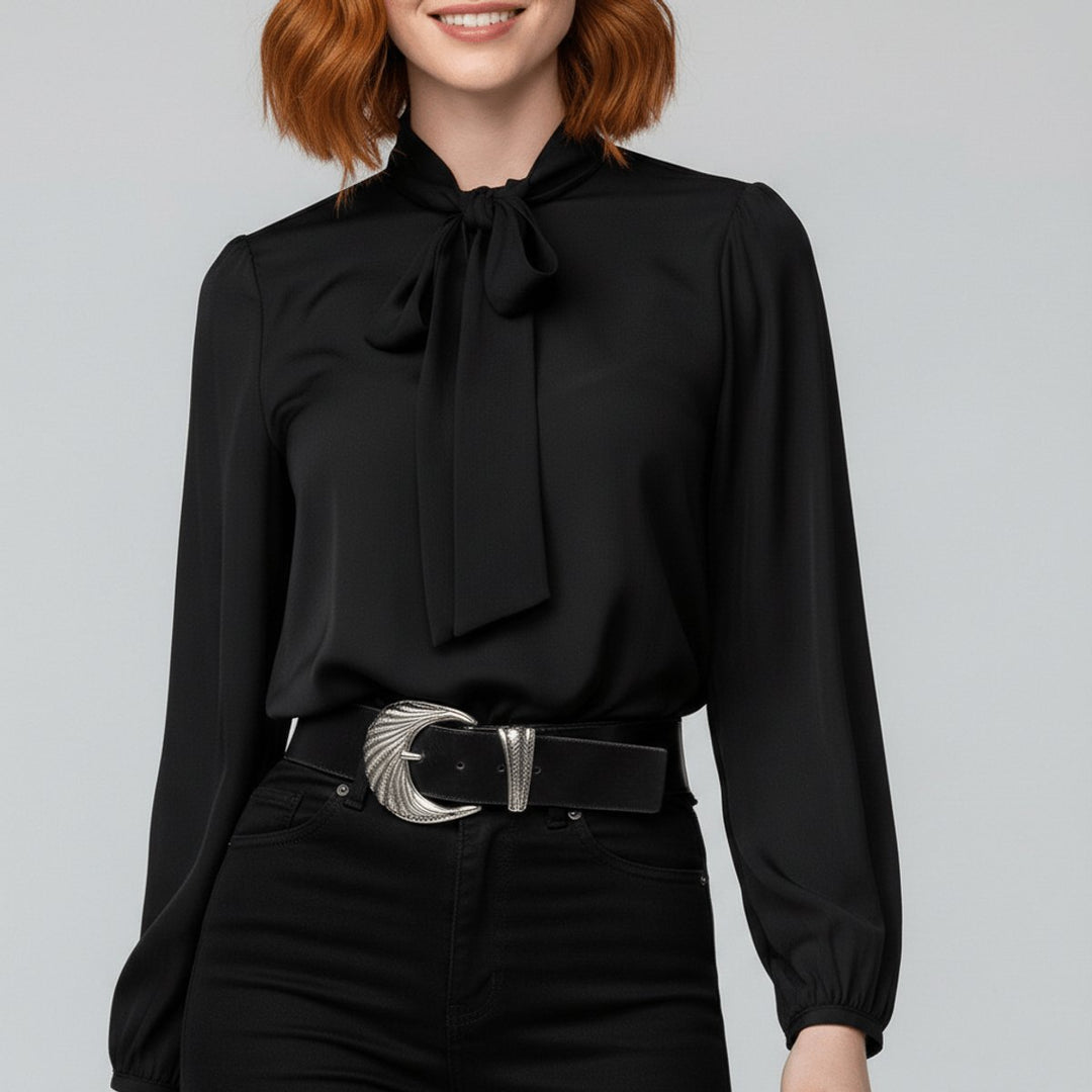 Damen Langarm-Bluse mit Schleifenkragen und weitem Schnitt - Tiefschwarz