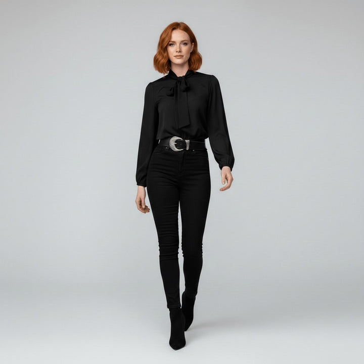 Damen Langarm-Bluse mit Schleifenkragen und weitem Schnitt