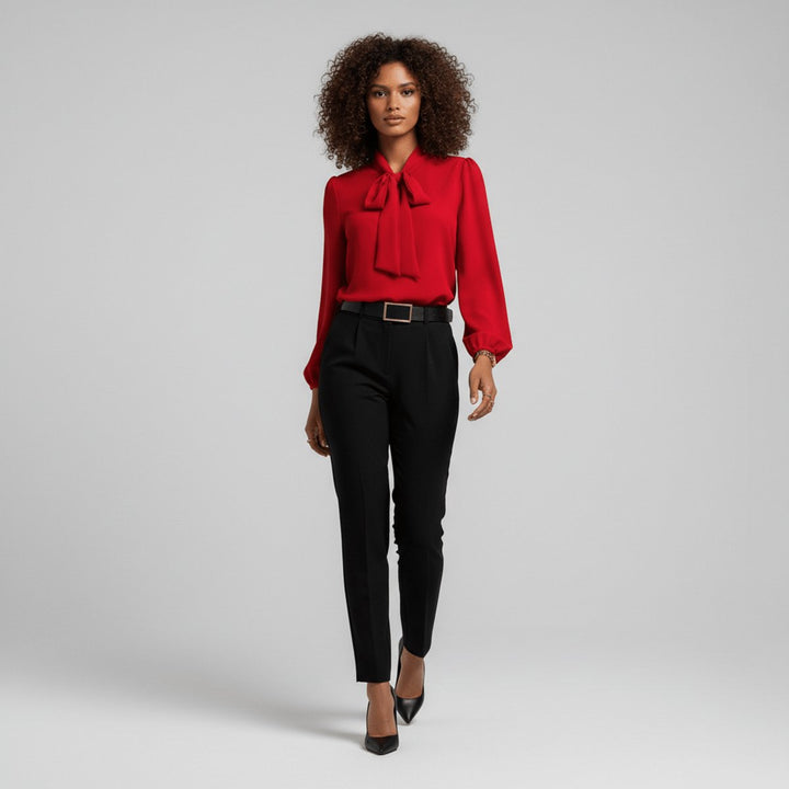 Damen Langarm-Bluse mit Schleifenkragen und weitem Schnitt