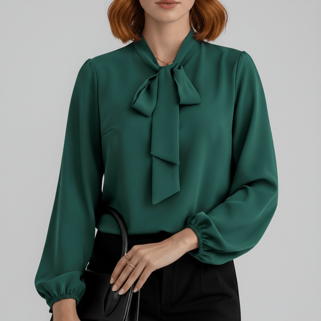 Damen Langarm-Bluse mit Schleifenkragen und weitem Schnitt - Waldgrün