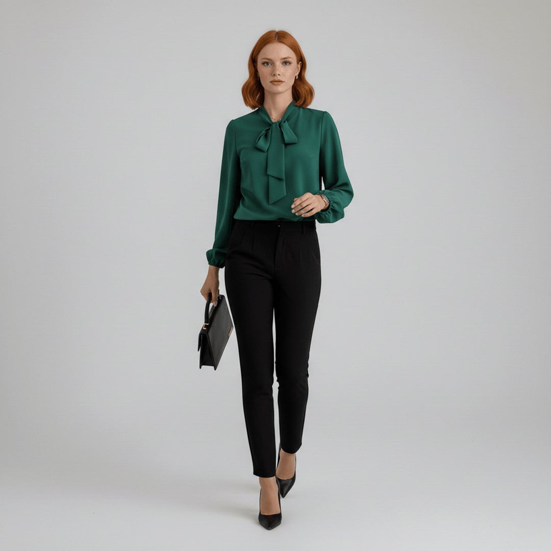 Damen Langarm-Bluse mit Schleifenkragen und weitem Schnitt