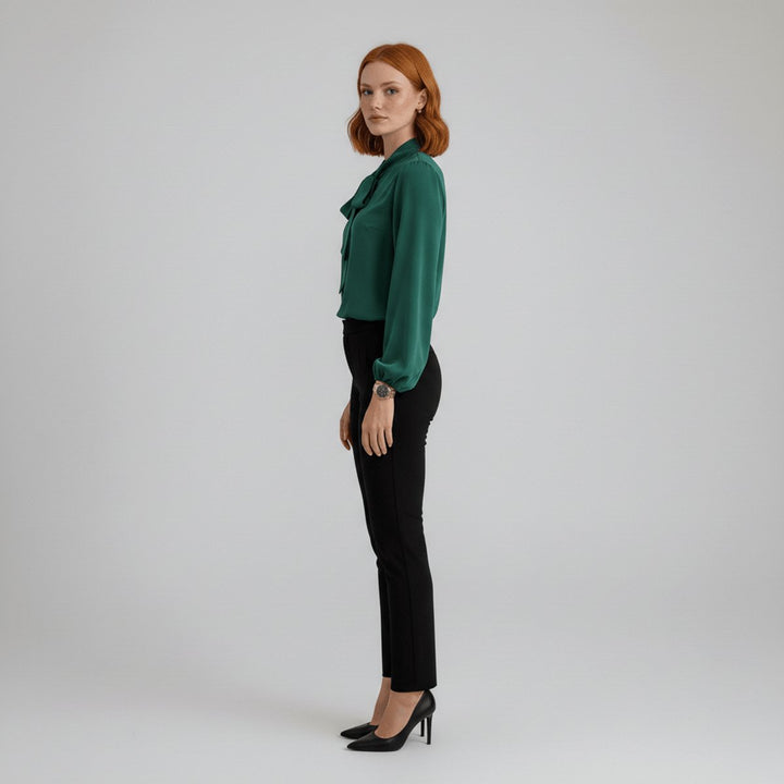 Damen Langarm-Bluse mit Schleifenkragen und weitem Schnitt