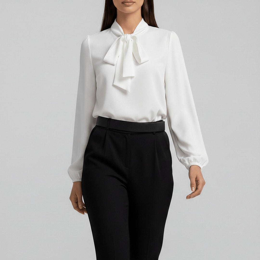 Damen Langarm-Bluse mit Schleifenkragen und weitem Schnitt - Reinweiß