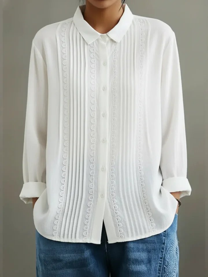 Damen Langarm-Bluse mit Spitzenbesatz Knopfleiste Plisseefalten