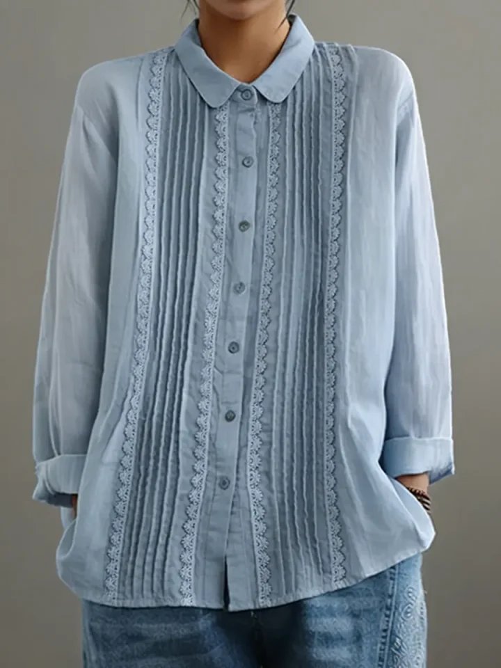 Damen Langarm-Bluse mit Spitzenbesatz Knopfleiste Plisseefalten - Light Blue