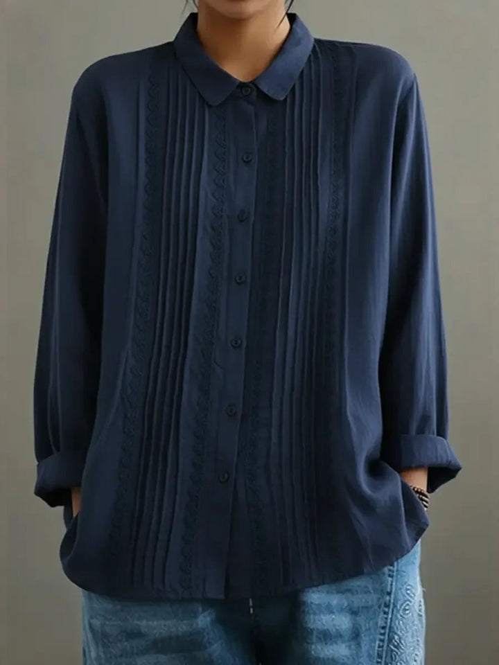 Damen Langarm-Bluse mit Spitzenbesatz Knopfleiste Plisseefalten - Blue