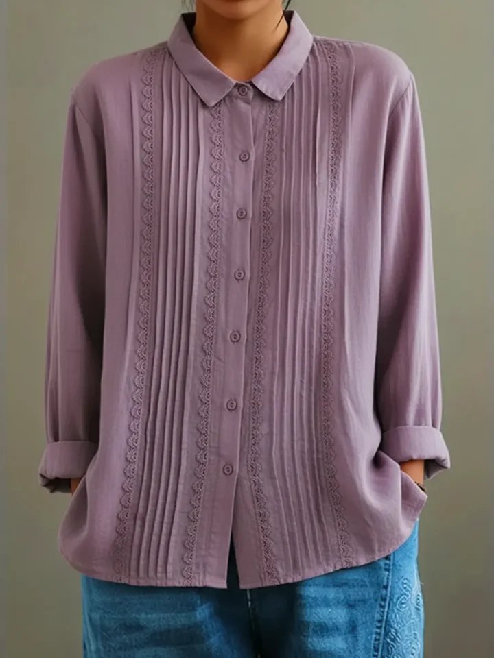 Damen Langarm-Bluse mit Spitzenbesatz Knopfleiste Plisseefalten - Purple