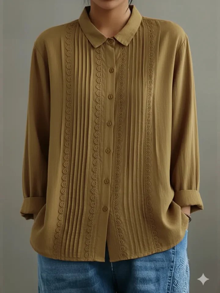 Damen Langarm-Bluse mit Spitzenbesatz Knopfleiste Plisseefalten - Beige