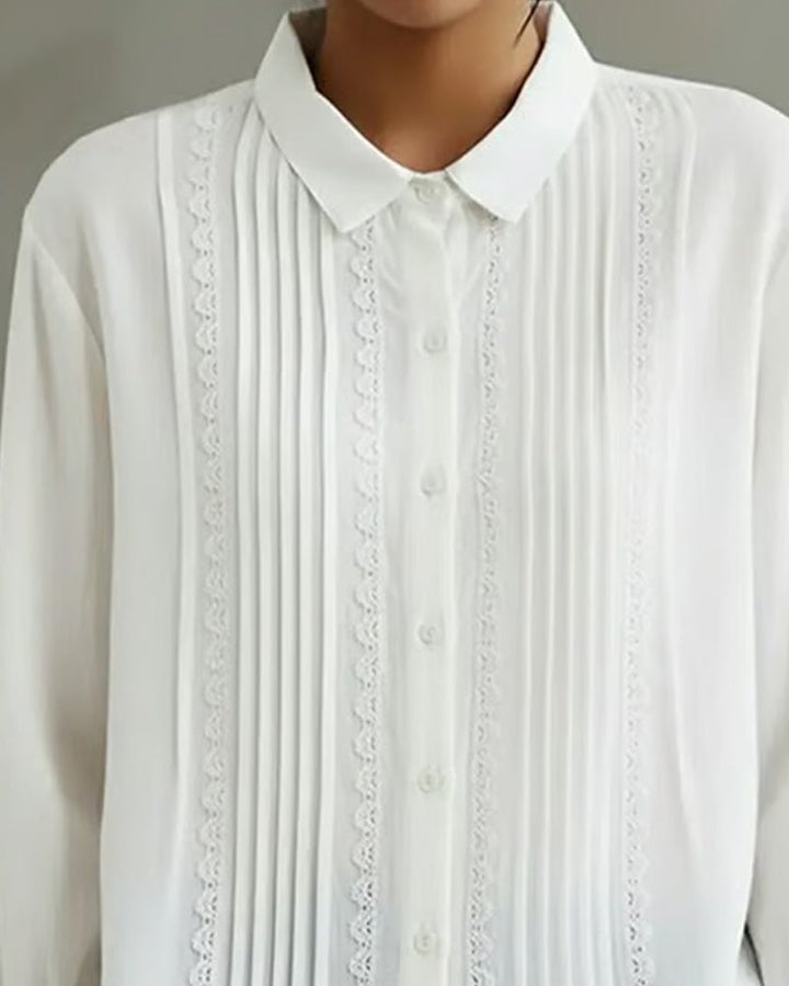 Damen Langarm-Bluse mit Spitzenbesatz Knopfleiste Plisseefalten