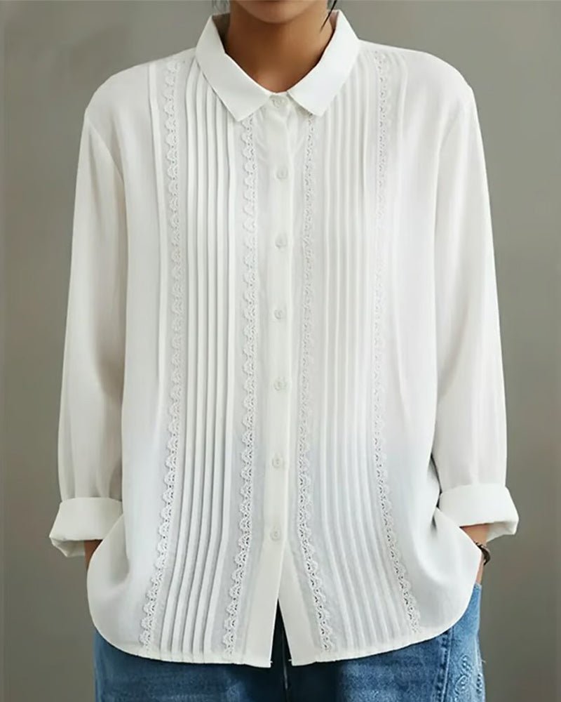 Damen Langarm-Bluse mit Spitzenbesatz Knopfleiste Plisseefalten - White