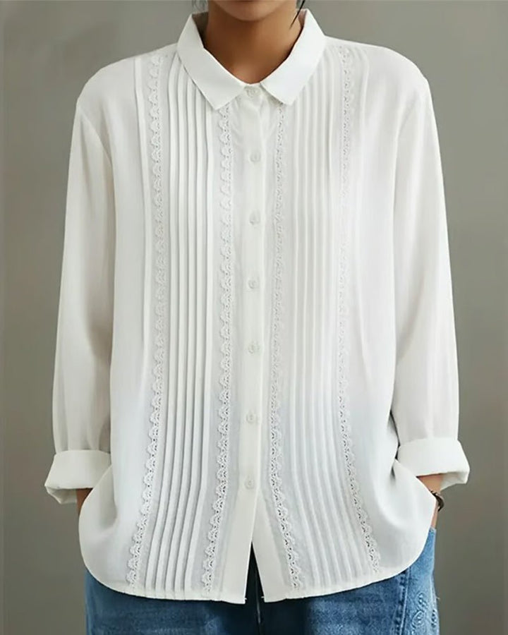 Damen Langarm-Bluse mit Spitzenbesatz Knopfleiste Plisseefalten - White