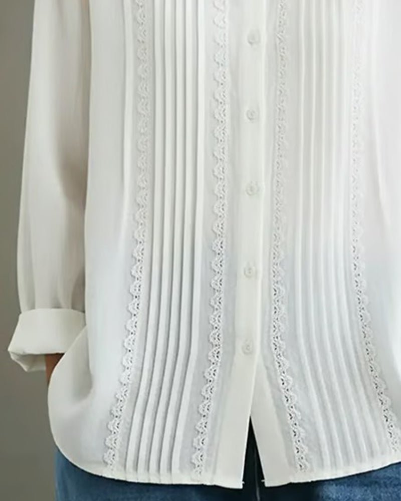 Damen Langarm-Bluse mit Spitzenbesatz Knopfleiste Plisseefalten