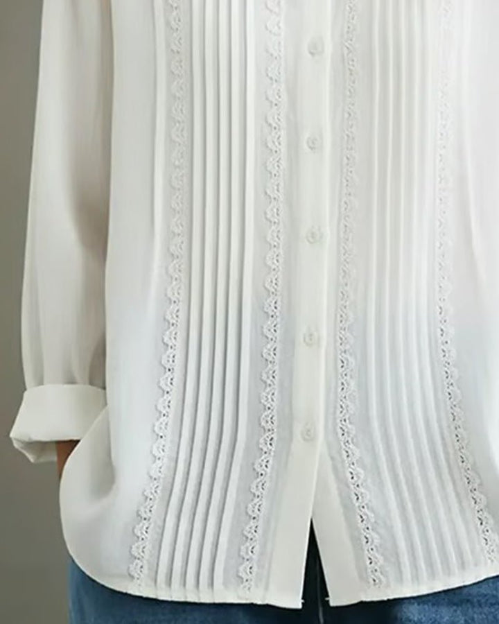 Damen Langarm-Bluse mit Spitzenbesatz Knopfleiste Plisseefalten
