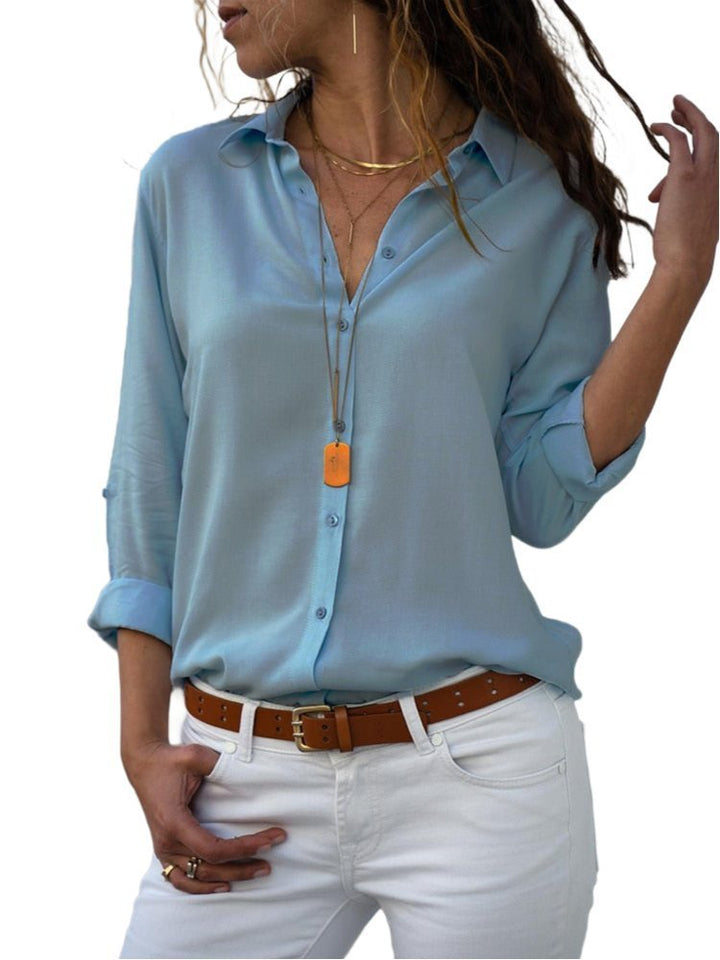 Damen Langarm-Blusenhemd mit Kentkragen aufrollbaren Ärmeln - Light Blue