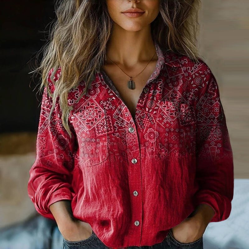 Damen Langarm Boho Bluse mit Paisley Vintage Muster - Red