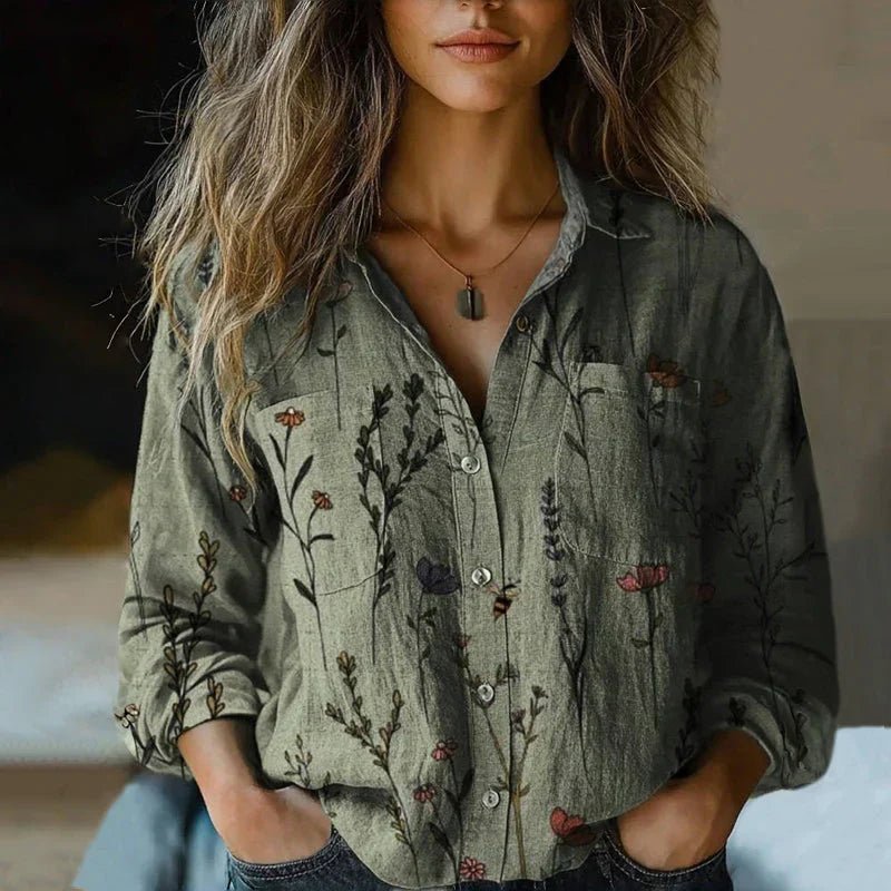 Damen Langarm Boho Bluse mit Paisley Vintage Muster - Green